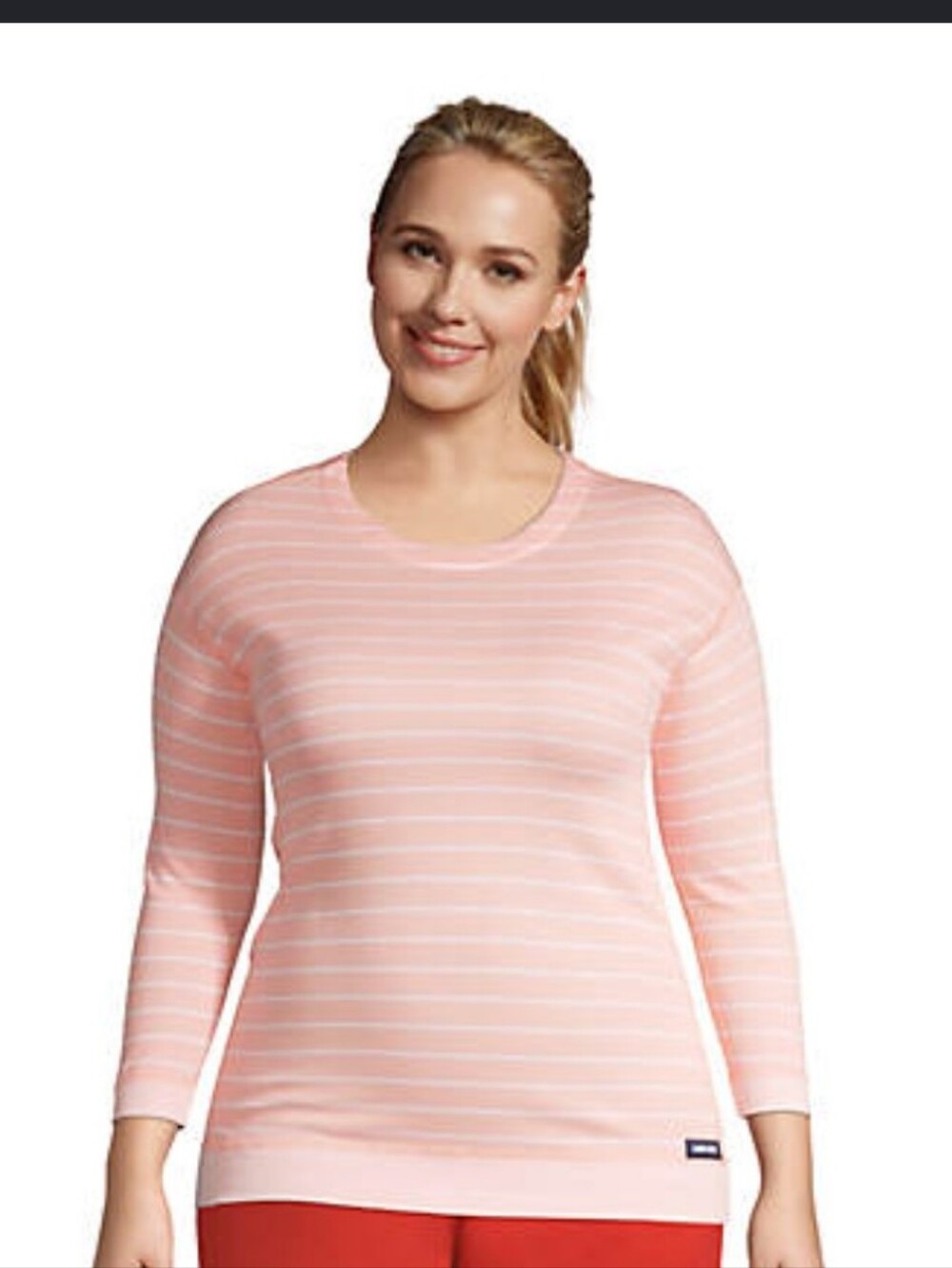 Lands' End Women's Pink & White Striped 3/4 Sleeve Top